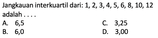 Jangkauan interkuartil dari: 1,2,3,4,5,6,8,10,12 adalah ....