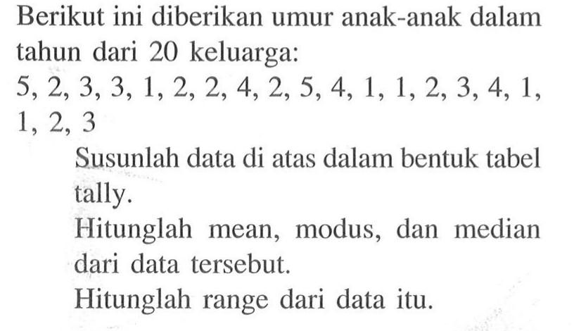 Berikut ini diberikan umur anak-anak dalam tahun dari 20 keluarga: 5,2,3,3,1,2,2,4,2,5,4,1,1,2,3,4,1 , 1,2,3 Susunlah data di atas dalam bentuk tabel tally.Hitunglah mean, modus, dan median dari data tersebut.Hitunglah range dari data itu.