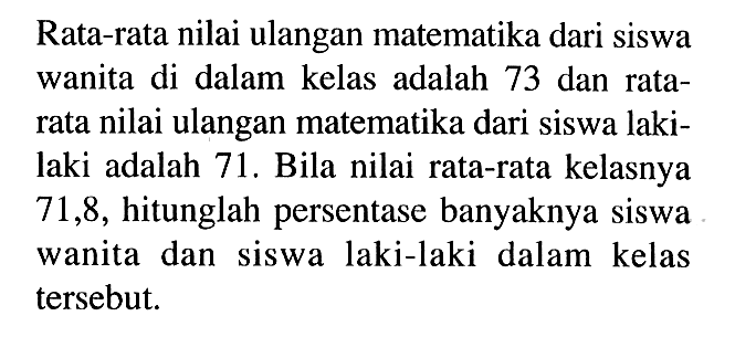 Rata-rata nilai ulangan matematika dari siswa wanita di dalam kelas adalah 73 dan ratarata nilai ulangan matematika dari siswa lakilaki adalah 71. Bila nilai rata-rata kelasnya 71,8 , hitunglah persentase banyaknya siswa wanita dan siswa laki-laki dalam kelas tersebut.