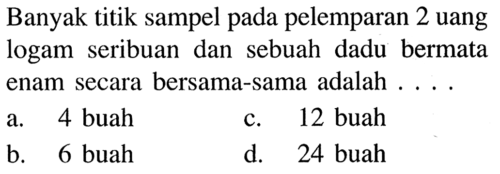 Banyak titik sampel pada pelemparan 2 uanglogam seribuan dan sebuah dadu bermataenam secara bersama-sama adalah  .... 