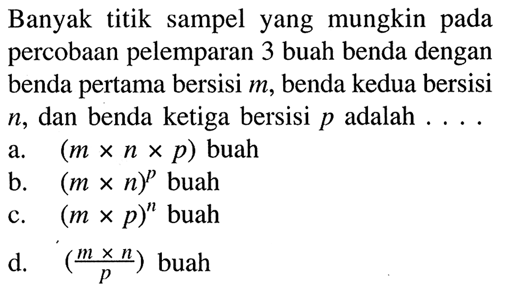 Banyak titik sampel yang mungkin pada percobaan pelemparan 3 buah benda dengan benda pertama bersisi m, benda kedua bersisi n, dan benda ketiga bersisi p adalah ....
