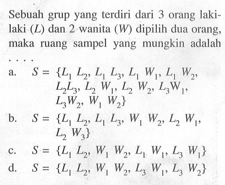 Sebuah grup yang terdiri dari 3 orang lakilaki (L) dan 2 wanita (W) dipilih dua orang, maka ruang sampel yang mungkin adalah...