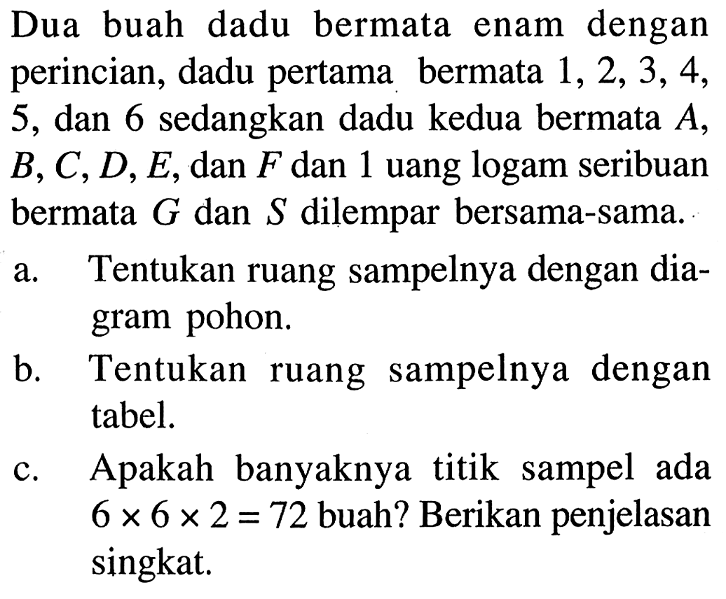 Dua buah dadu bermata enam dengan perincian, dadu pertama bermata 1, 2, 3, 4, 5, dan 6 sedangkan dadu kedua bermata  A, B, C, D, E, dan F dan 1 uang logam seribuan bermata G dan S dilempar bersama-sama. a. Tentukan ruang sampelnya dengan diagram pohon. b. Tentukan ruang sampelnya dengan tabel. c. Apakah banyaknya titik sampel ada  6 x 6 x 2=72 buah? Berikan penjelasan singkat. 