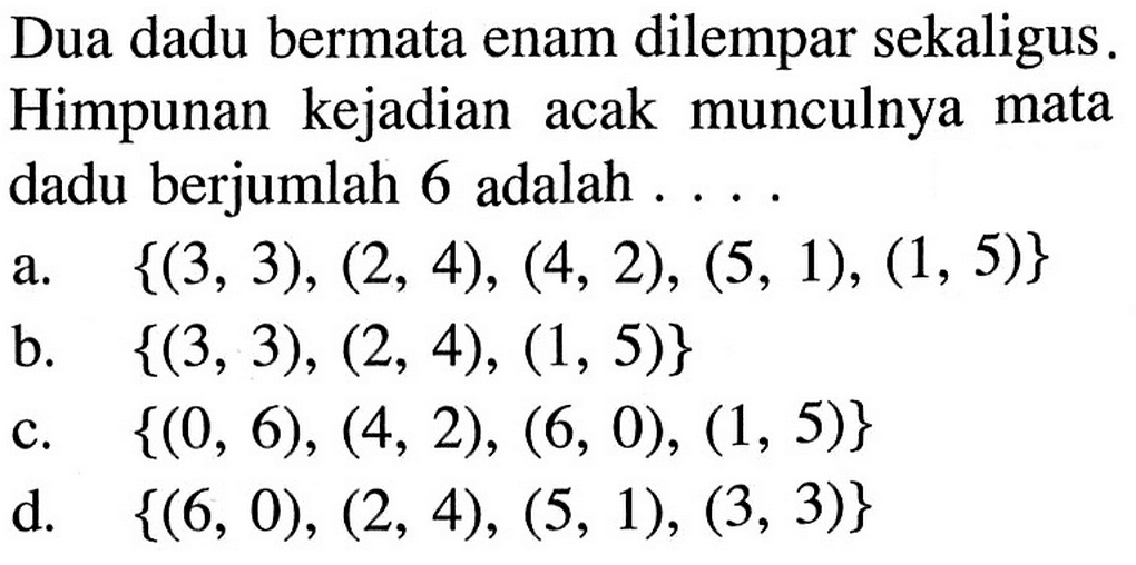 Dua dadu bermata enam dilempar sekaligus. Himpunan kejadian acak munculnya mata dadu berjumlah 6 adalah ....