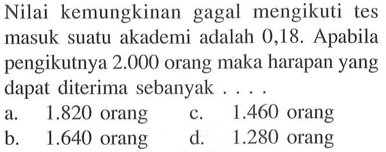 Nilai kemungkinan gagal mengikuti tes masuk suatu akademi adalah 0,18. Apabila pengikutnya 2.000 orang maka harapan yang dapat diterima sebanyak ....