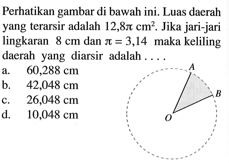 Perhatikan gambar di bawah ini. Luas daerah yang terarsir adalah 12,8 pi cm^2. Jika jari-jari lingkaran 8 cm dan pi=3,14 maka keliling daerah yang diarsir adalah....