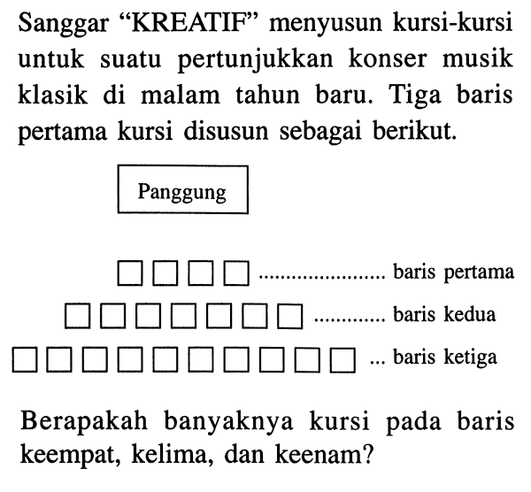 Sanggar "KREATIF"' menyusun kursi-kursi untuk suatu pertunjukkan konser musik klasik di malam tahun baru. Tiga baris pertama kursi disusun sebagai berikut.Panggung baris pertama baris kedua baris ketiga Berapakah banyaknya kursi pada baris keempat, kelima, dan keenam?