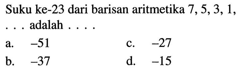 Suku ke-23 dari barisan aritmetika 7,5,3, 1, ... adalah...