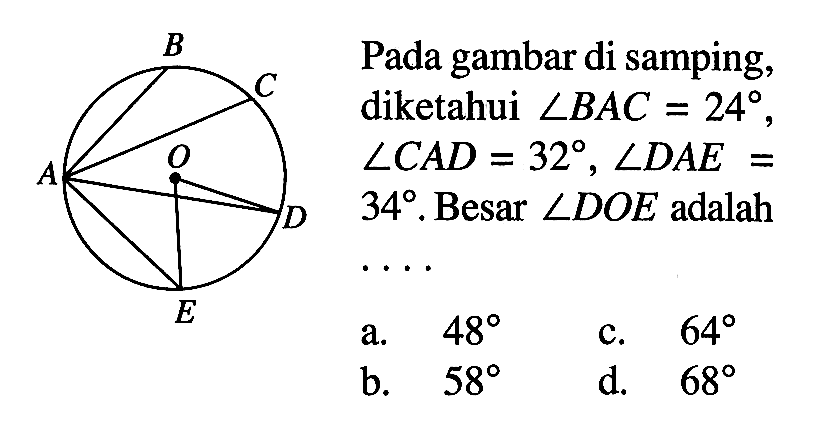 Pada gambar di samping, diketahui sudut BAC=24, sudut CAD=32, sudut DAE= 34. Besar sudut DOE adalah....