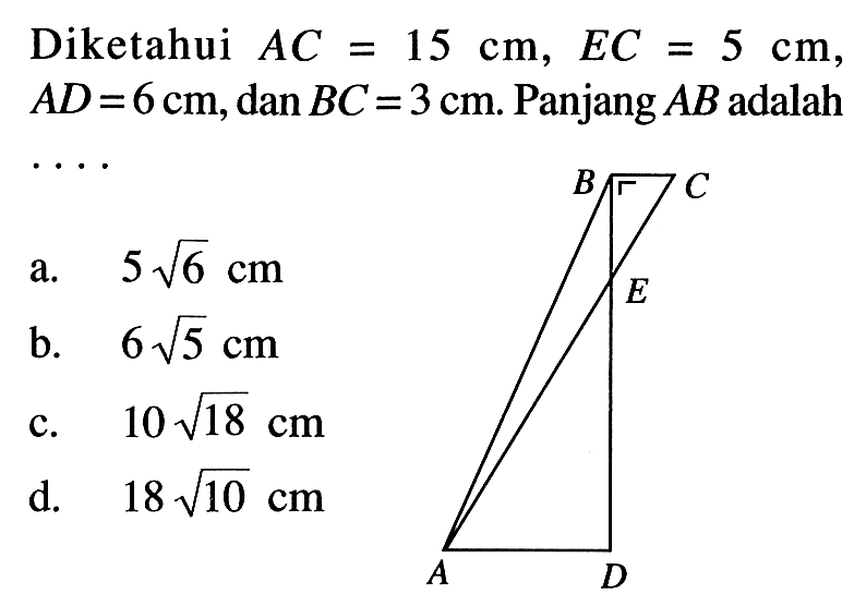 Diketahui AC=15cm, EC=5cm, AD=6cm, dan BC=3cm. Panjang AB adalah... 