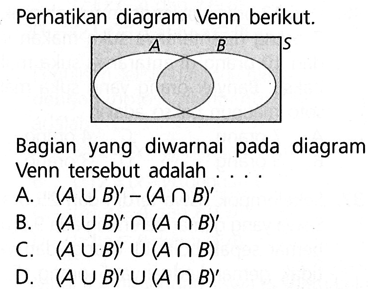 Perhatikan diagram Venn berikut. A B S Bagian yang diwarnai pada diagram Venn tersebut adalah .... A. (A U B)' - (A n B)' B. (A U B)' n (A n B)' C. (A U B)' U (A n B) D. (A U B)' U (A n B)'