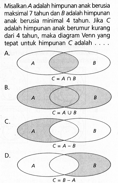 Misalkan A.adalah himpunan anak berusia maksimal tahun dan B.adalah himpunan anak berusia minimal tahun Jika adalah himpunan anak berumur kurang dari 4 tahun, maka diagram Venn yang tepat untuk himpunan C adalah