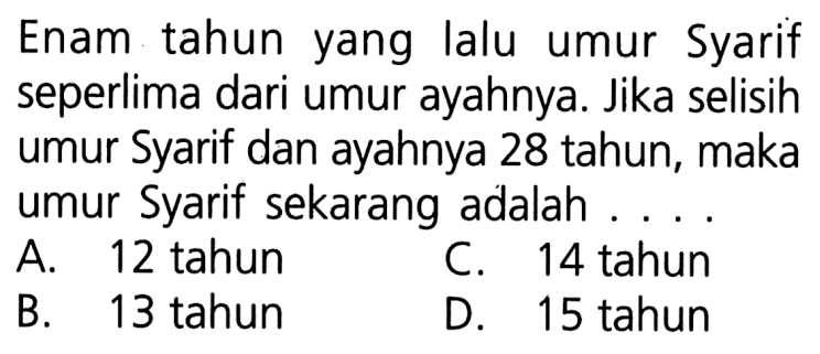 Enam tahun yang lalu umur Syarif seperlima dari umur ayahnya. Jika selisih umur Syarif dan ayahnya 28 tahun, maka umur Syarif sekarang adalah ... A. 12 tahun C. 14 tahun B. 13 tahun D. 15 tahun