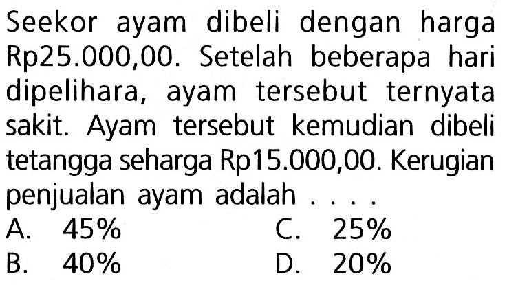 Seekor ayam dibeli dengan harga Rp25.000,00. Setelah beberapa hari dipelihara, ayam tersebut ternyata sakit. Ayam tersebut kemudian dibeli tetangga seharga Rp15.000,00. Kerugian penjualan ayam adalah ....