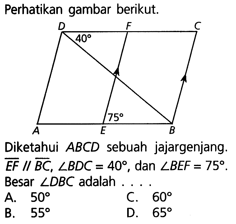 Perhatikan gambar berikut. D F C 40 75 A E B Diketahui ABCD sebuah jajargenjang. EF // BC, sudut BDC=40, dan  sudut BEF=75. Besar sudut DBC adalah...