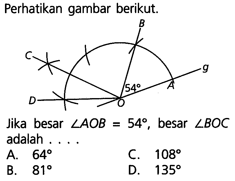 Perhatikan gambar berikut.Jika besar sudut AOB=54, besar  sudut BOC adalah...