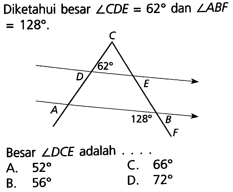 Diketahui besar sudut CDE=62 dan sudut ABF=128 Besar sudut DCE adalah ....