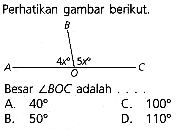 Perhatikan gambar berikut.Besar sudut BOC adalah ...