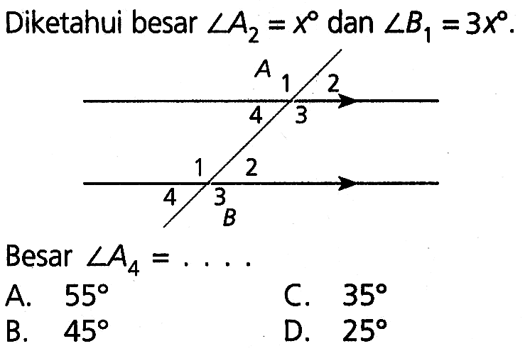 Diketahui besar sudut A2=x dan sudut B1=3x Besar sudut A4=... 