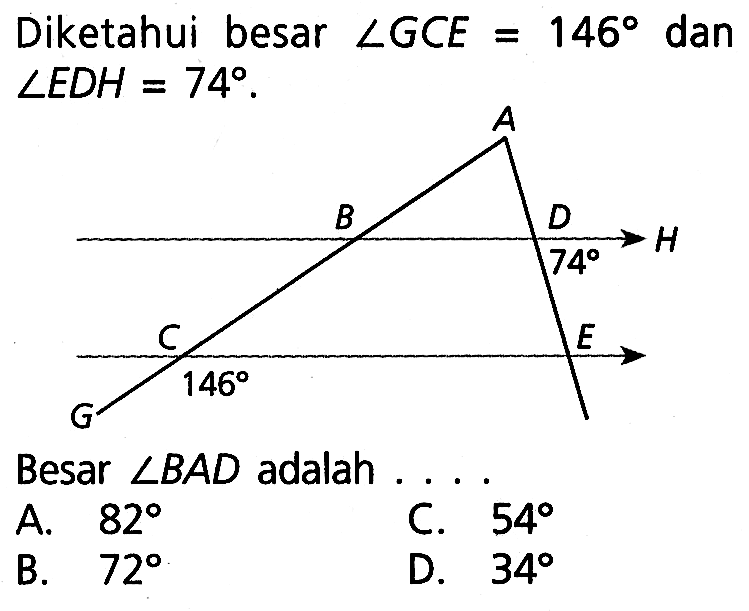 Diketahui besar  sudut GCE=146  dan  sudut EDH=74 A B D H 74 C E 146 GBesar  sudut BAD  adalah ...