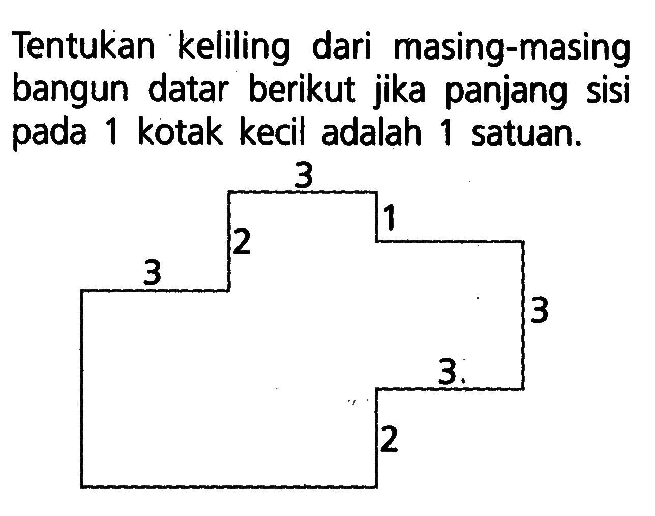 Tentukan keliling dari masing-masing bangun datar berikut jika panjang sisi pada 1 kotak kecil adalah 1 satuan.3 2 3 1 3 3 2