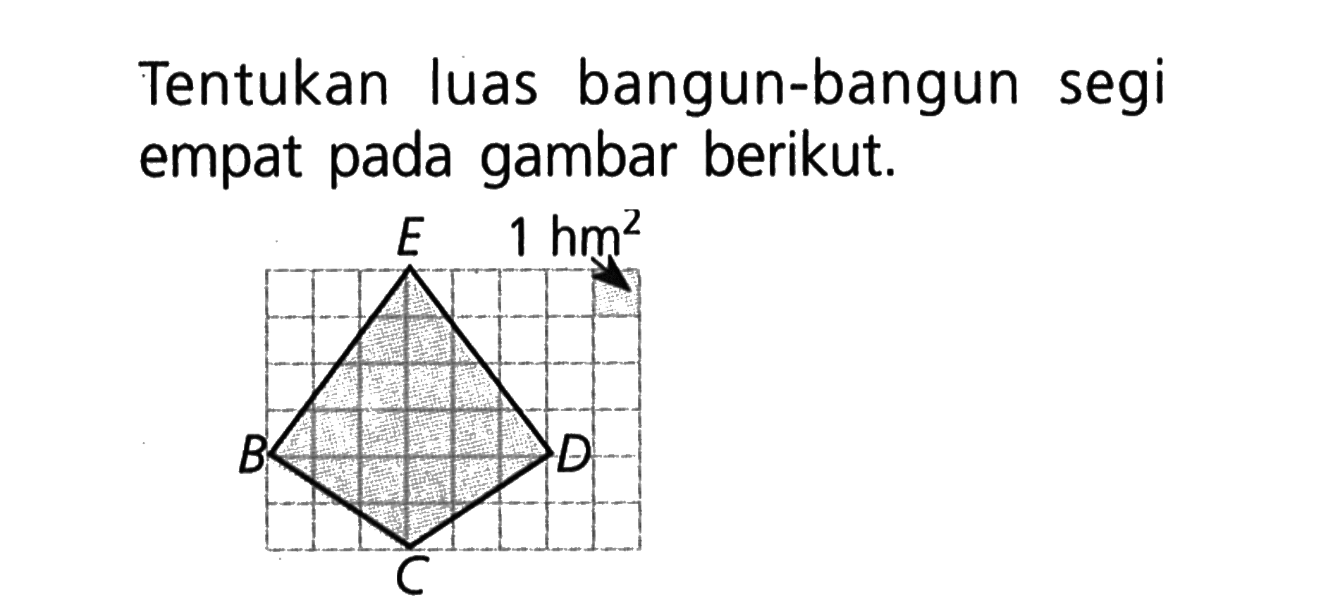 Tentukan luas bangun-bangun segi empat pada gambar berikut. B C D E 1 hm^2