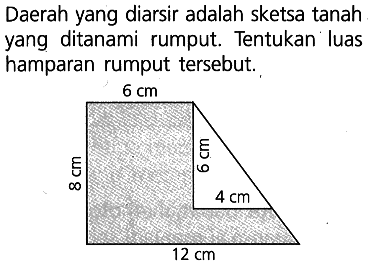 Daerah yang diarsir adalah sketsa tanah yang ditanami rumput. Tentukan luas hamparan rumput tersebut. 6 cm 8 cm 6 cm 4 cm 12 cm