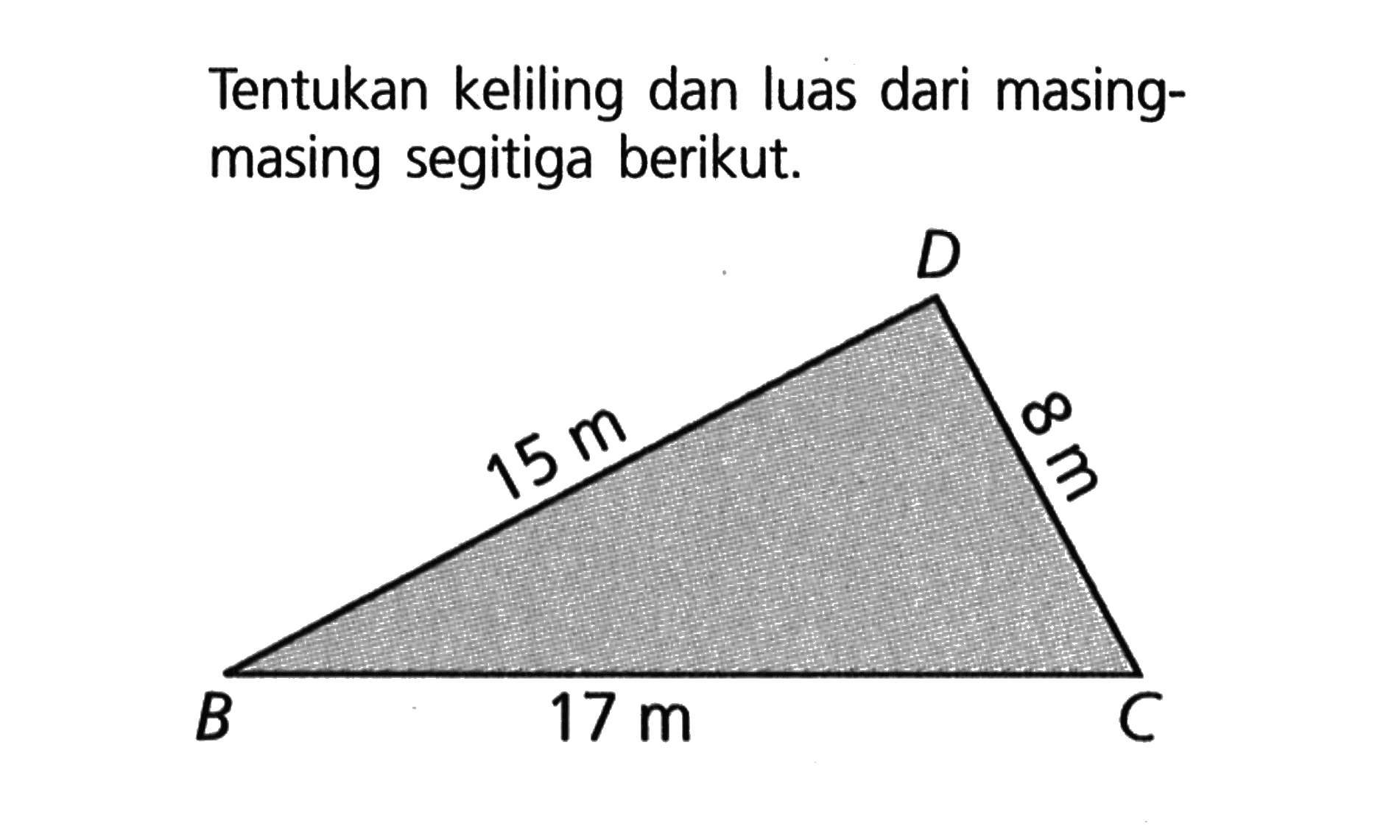 Tentukan keliling dan luas dari masing-masing segitiga berikut. B D C 15 m 8 m 17 m