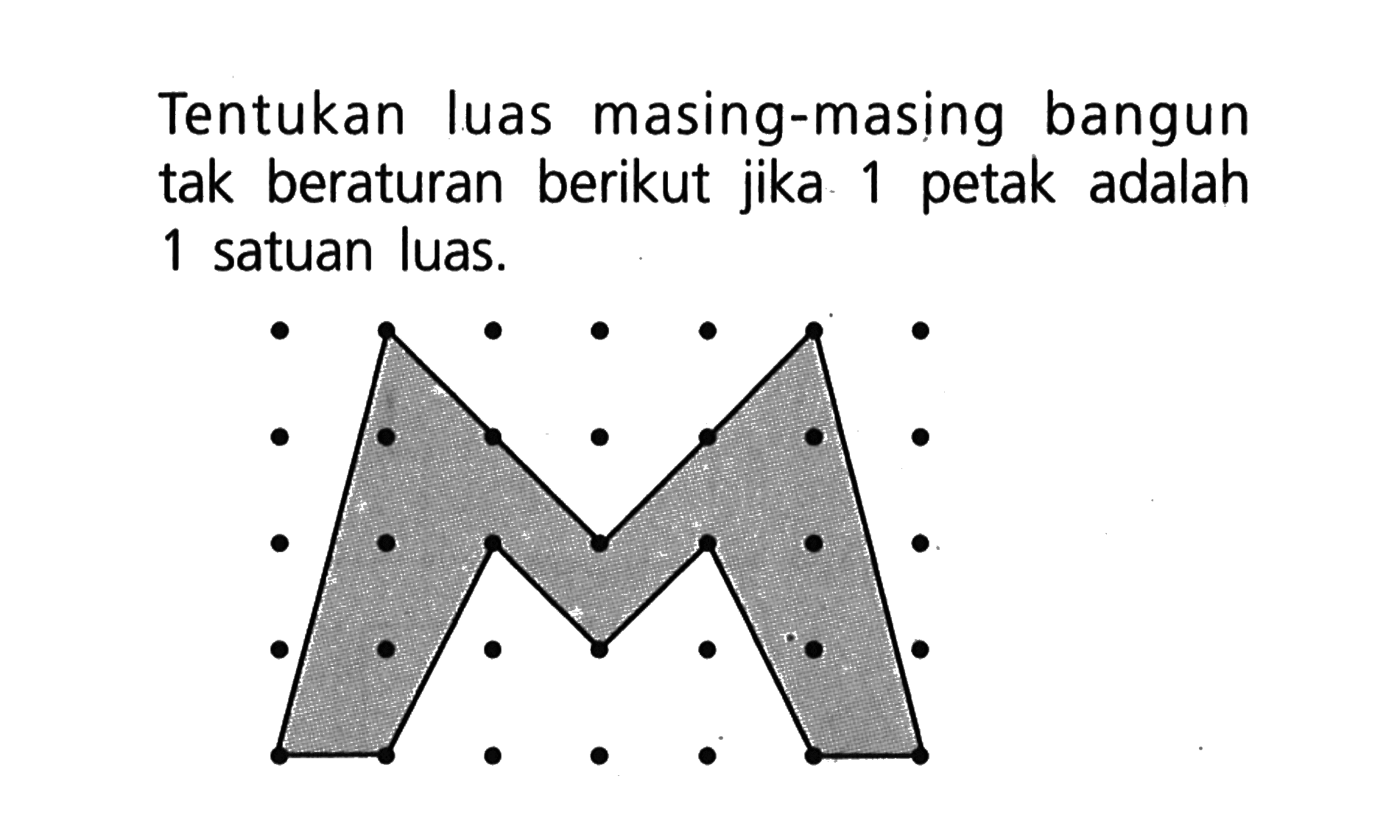 Tentukan luas masing-masing bangun tak beraturan berikut jika 1 petak adalah 1 satuan luas.Huruf M dengan terdapat titik sebanyak 35 titik