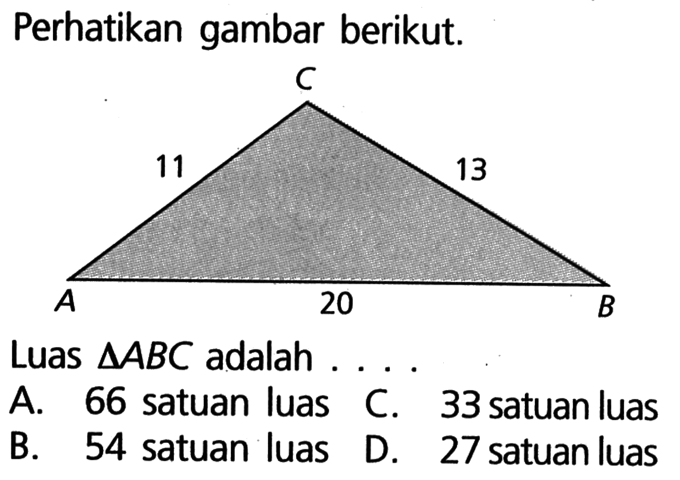 Perhatikan gambar berikut. C 11 13 A 20 B Luas segitiga ABC adalah ...