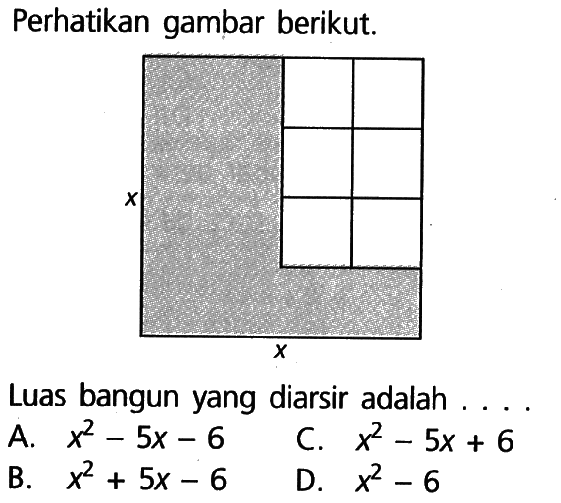 Perhatikan gambar berikut. x x Luas bangun yang diarsir adalah ....A. x^2-5x-6C. x^2-5x+6B. x^2+5x-6D. x^2-6