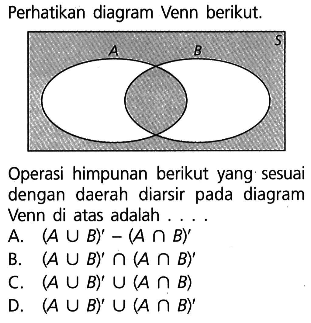 Perhatikan diagram Venn berikut. Operasi himpunan berikut yang sesuai dengan daerah diarsir pada diagram Venn di atas adalah... A. (A u B)' - (A n B)' B. (A u B)' n (A n B)' C. (A u B)' u (A n B) D. (A u B)' u (A n B)'