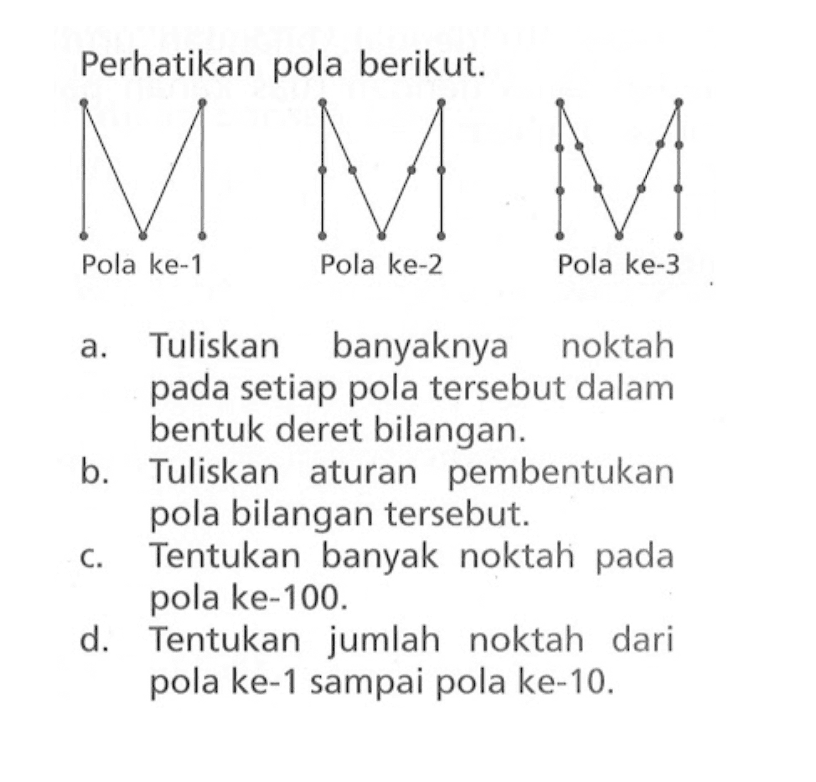 Perhatikan pola berikut: Pola ke-1 Pola ke-2 Pola ke-3 a. Tuliskan banyaknya noktah pada setiap pola tersebut dalam bentuk deret bilangan. b. Tuliskan aturan pembentukan pola bilangan tersebut. c. Tentukan banyak noktah pada pola ke-100. d. Tentukan jumlah noktah dari pola ke-1 sampai pola ke-10.