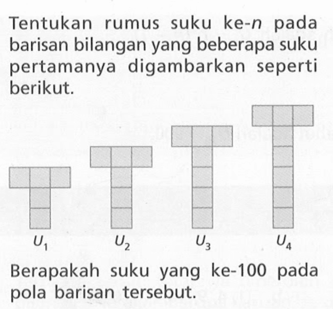 Tentukan rumus suku ke-n pada barisan bilangan yang beberapa suku pertamanya digambarkan seperti berikut. Berapakah suku yang ke-100 pada pola barisan tersebut.