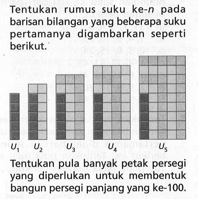 Tentukan rumus suku ke-n pasa barisan bilangan yang beberapa suku pertamanya digambarkan seperti berikut. Tentukan pula banyak petak persegi yang diperlukan untuk membentuk bangun persegi panjang yang ke-100.