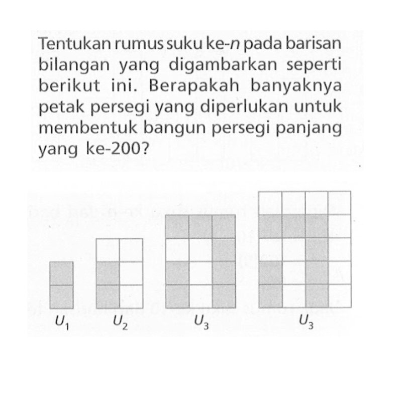 Tentukan rumus suku ke-n pada barisan bilangan yang digambarkan seperti berikut ini. Berapakah banyaknya petak persegi yang diperlukan untuk membentuk bangun persegi panjang yang ke-200? 