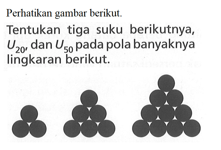 Perhatikan gambar berikut. Tentukan tiga suku berikutnya, U20, dan U50 pada pola banyaknya lingkaran berikut.