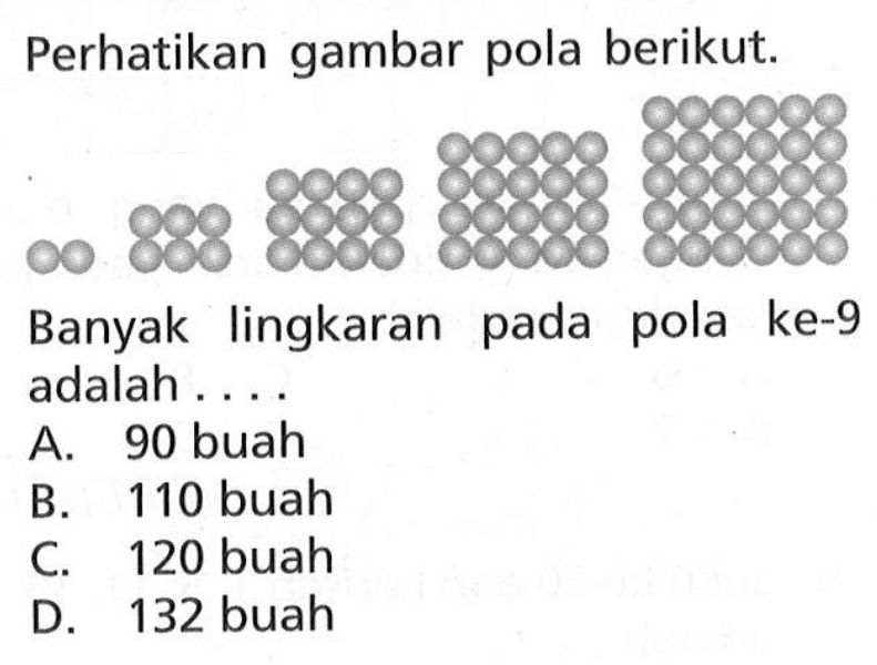 Perhatikan gambar pola berikut. Banyak lingkaran pada pola ke-9 adalah