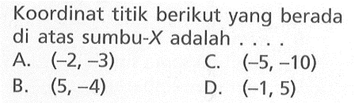 Koordinat titik berikut yang berada di atas sumbu-X adalah . . . .