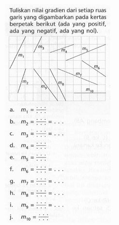 Tentukan nilai gradien dari setiap ruas garis yang digambarkan pada kertas berpetak berikut (ada yang positif, ada yang negatif, ada yang nol). a. m1 = .... b. m2 = .... c. m3 = .... d. m4 = ... e. m5 = .... f. m6 = ..... g. m7 = ..... h. m8 = .... i. m9 = .... j. m10 = .....