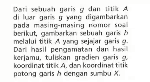 Dari sebuah garis g dan titik A di luar garis g yang digambarkan pada masing-masing nomor soal berikut, gambarkan sebuah garis h melalui titik A yang sejajar garis g. Dari hasil pengamatan dan hasil kerjamu, tuliskan gradien garis g, koordinat titik A, dan koordinat titik potong garis h dengan sumbu X.