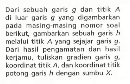 Dari sebuah garis g dan titik A di luar garis g yang digambarkan pada masing-masing nomor soal berikut, gambarkan sebuah garis h melalui titik A yang sejajar garis g. Dari hasil pengamatan dan hasil kerjamu, tuliskan gradien garis g, koordinat titik A, dan koordinat titik potong garis h dengan sumbu X.