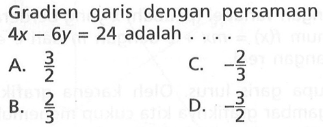 Gradien garis dengan persamaan 4x - 6y = 24 adalah . . . . . A. 3/2 B. 2/3 C. -2/3 D. -3/2