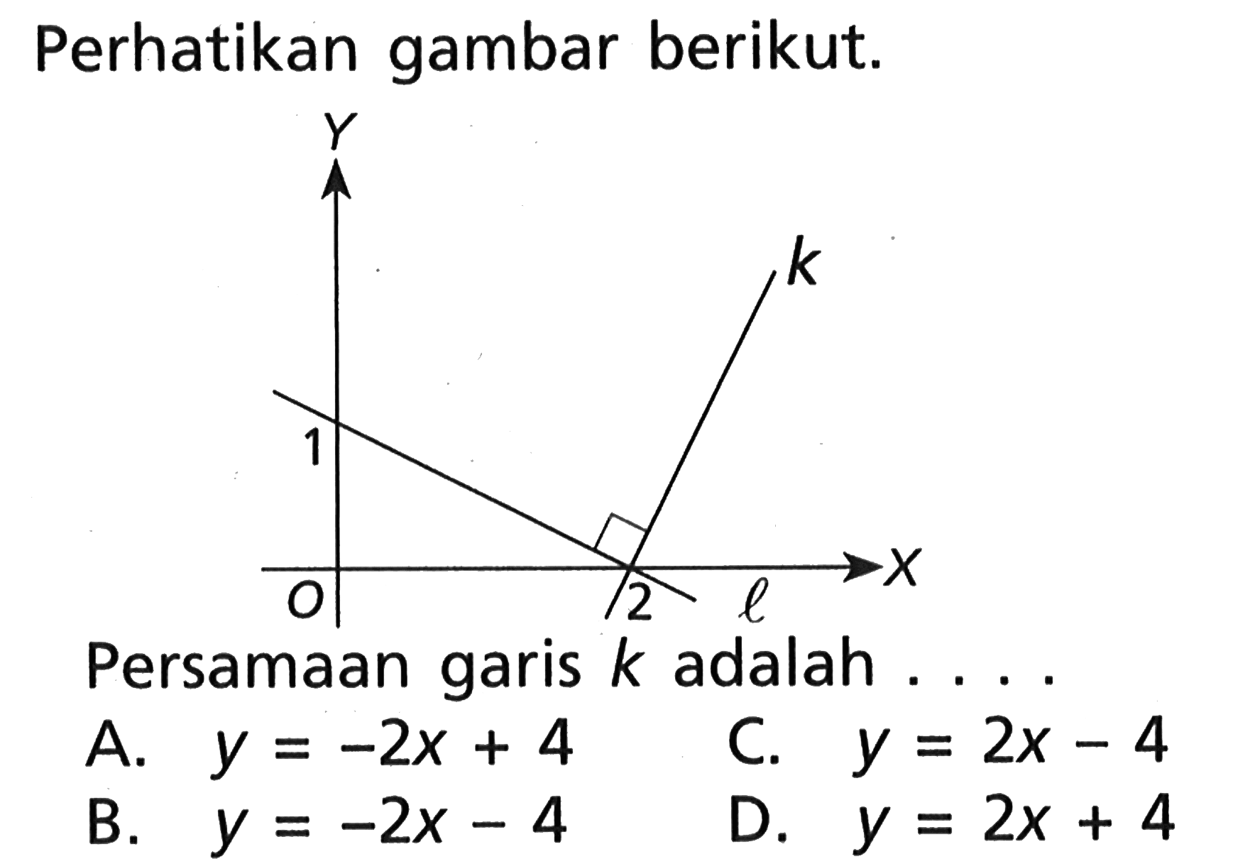 Perhatikan gambar berikut: Persamaan garis k adalah... A. y = -2x + 4 C. y = 2x - 4 B. y = -2x -4 D. y = 2x + 4