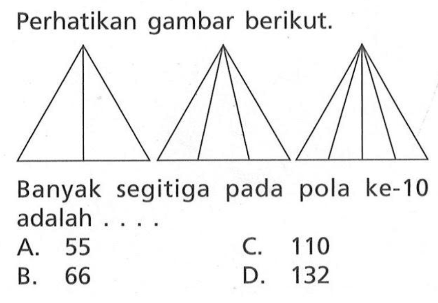 Perhatikan gambar berikut. Banyak segitiga pada pola ke-10 adalah . . . . A .55 C. 110 B. 66 D.132