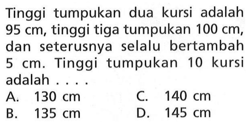 Tinggi tumpukan dua kursi adalah 95 cm, tinggi tiga tumpukan 100 cm, dan seterusnya selalu bertambah 5 cm. Tinggi tumpukan 10 kursi adalah.... 