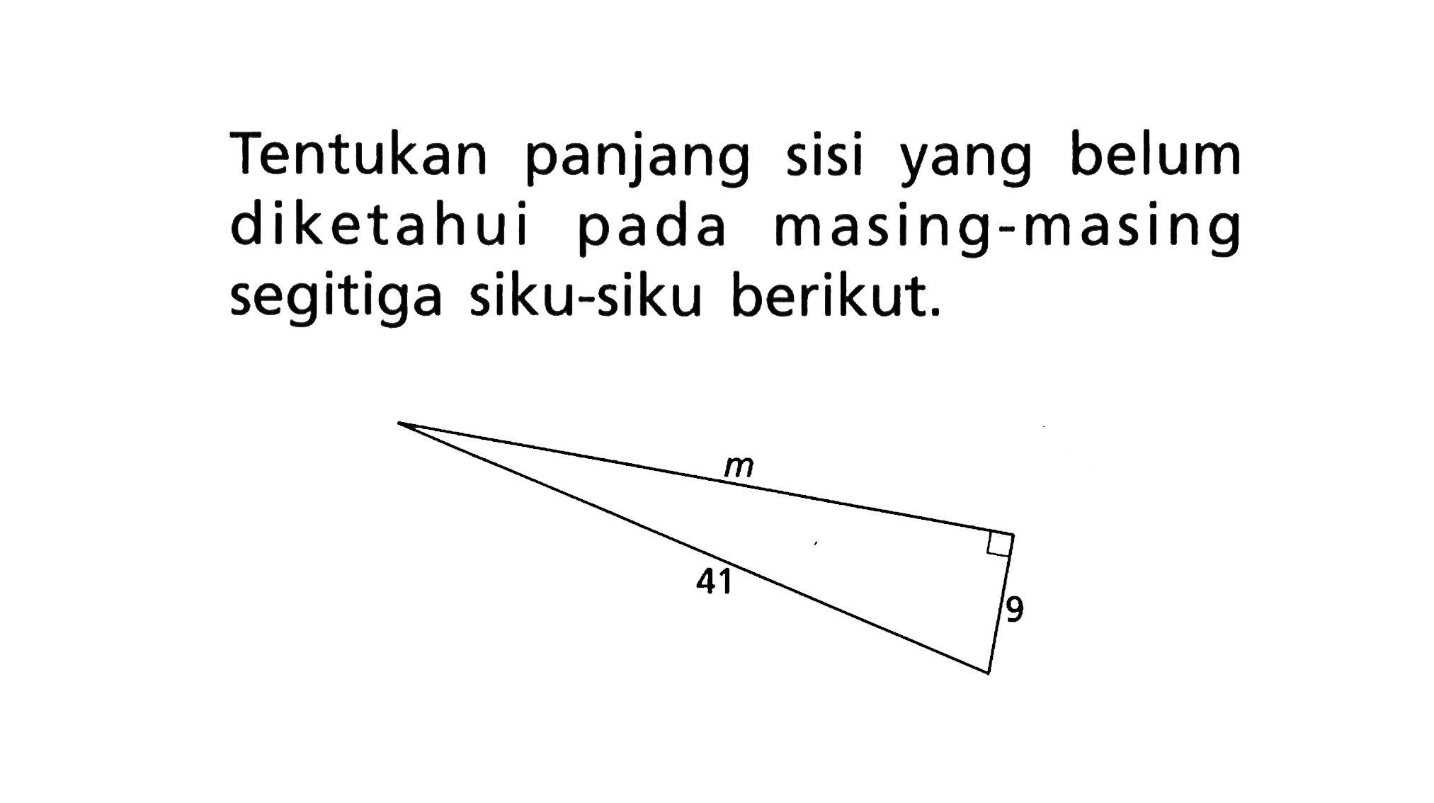 Tentukan panjang sisi yang belum diketahui pada masing-masing segitiga siku-siku berikut. m 41 9