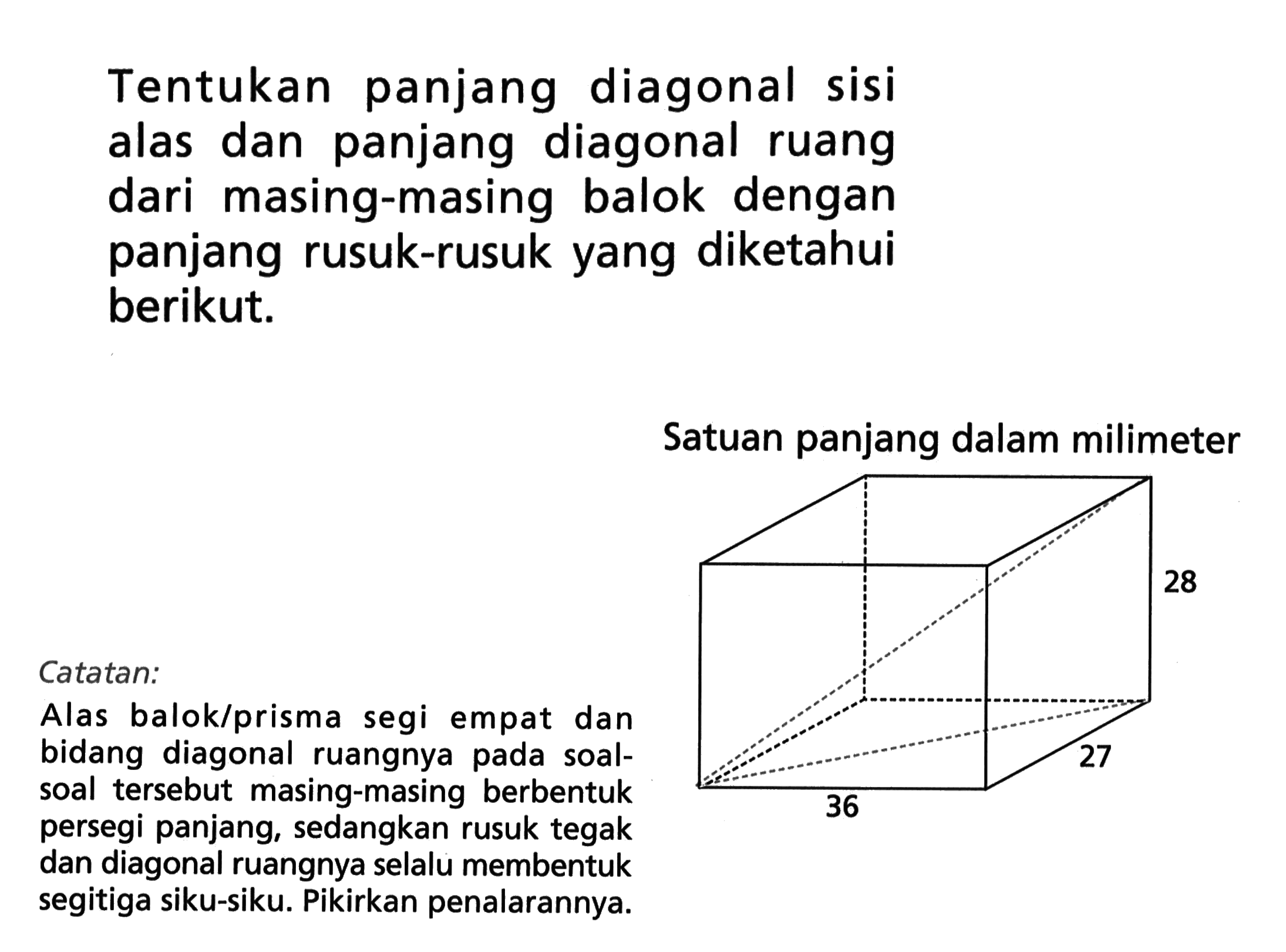 Tentukan panjang diagonal sisi alas dan panjang diagonal ruang dari masing-masing balok dengan panjang rusuk-rusuk yang diketahui berikut. Satuan panjang dalam milimeter. 28 27 36 catatan: Alas balok/prisma segi empat dan bidang diagonal ruangnya pada soal-soal tersebut masing-masing berbentuk persegi panjang, sedangkan rusuk tegak dan diagonal ruangnya selalu membentuk segitiga siku-siku. Pikirkan penalarannya.