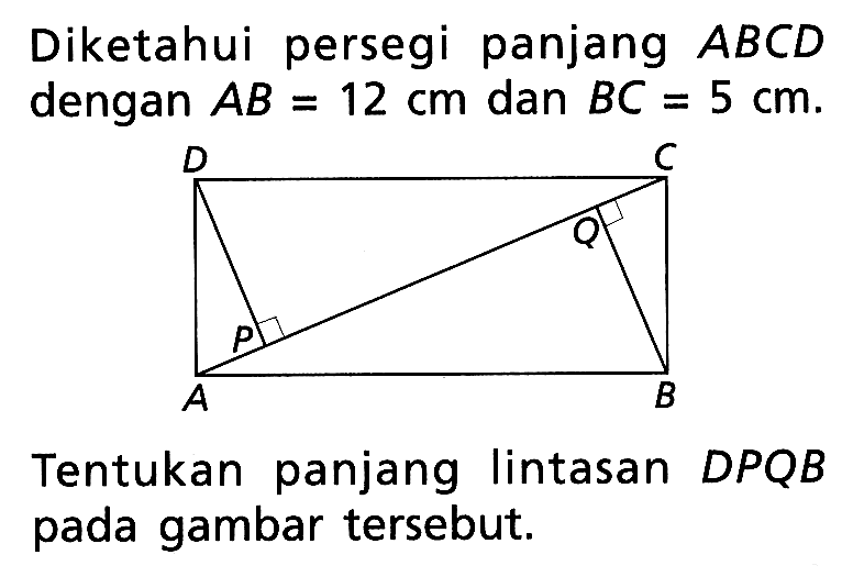 Diketahui persegi panjang  ABCD  dengan  AB=12 cm  dan  BC=5 cm .Tentukan panjang lintasan DPQB pada gambar tersebut.