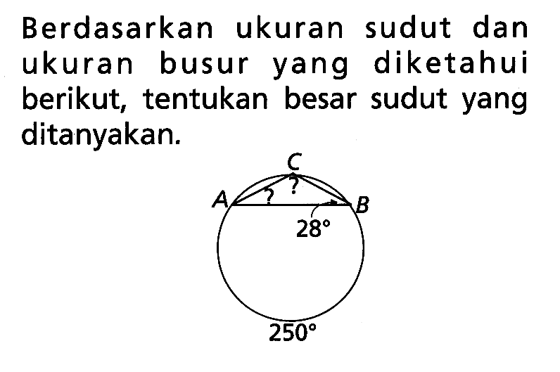 Berdasarkan ukuran sudut dan ukuran busur yang diketahui berikut, tentukan besar sudut yang ditanyakan. 28 250